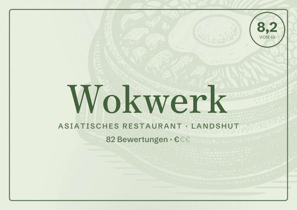 Illustriertes Poster von Wokwerk, Asiatisches Restaurant in Landshut: Bewertung 8,2 von 10 aus 82 Bewertungen, Preisniveau €