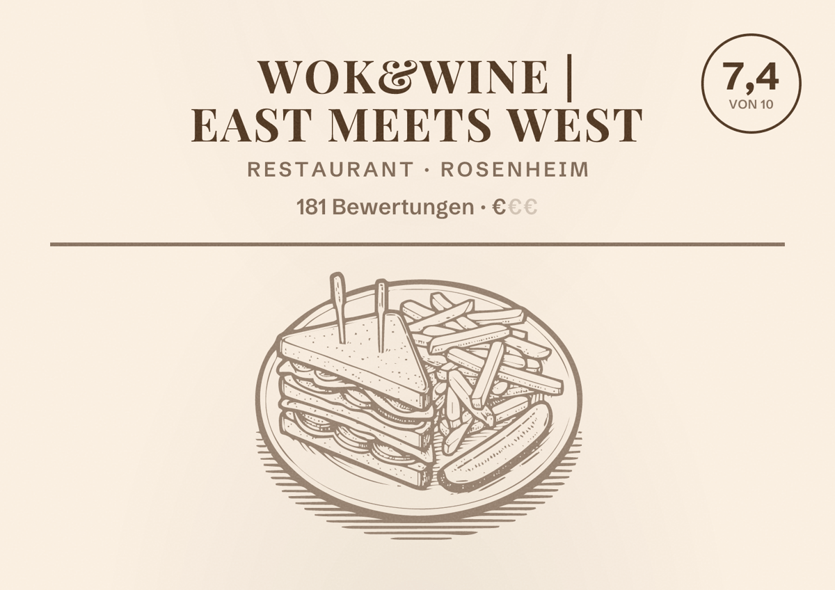 Illustriertes Poster von wok&wine | east meets west, Restaurant in Rosenheim: Bewertung 7,4 von 10 aus 181 Bewertungen, Preisniveau €