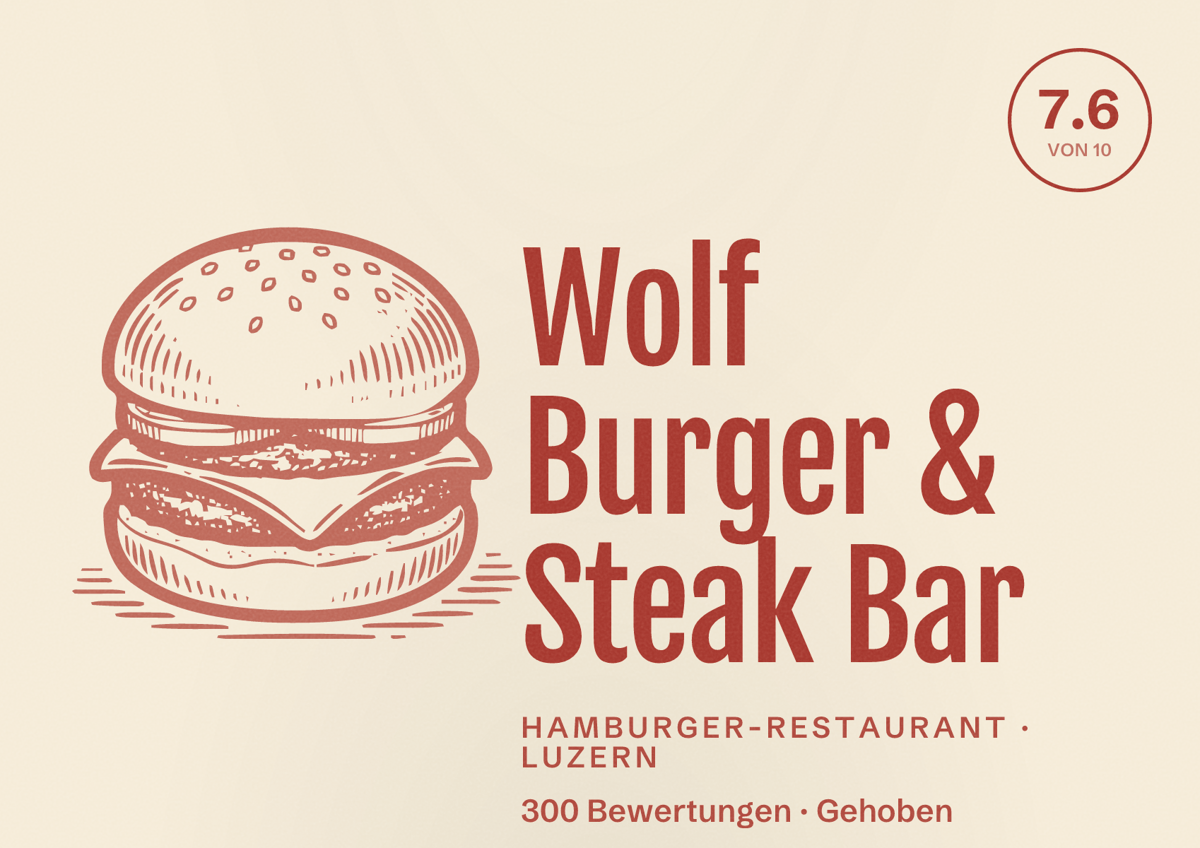 Illustriertes Poster von Wolf Burger & Steak Bar, Hamburger-Restaurant in Luzern: Bewertung 7.6 von 10 aus 300 Bewertungen, Preisniveau Gehoben