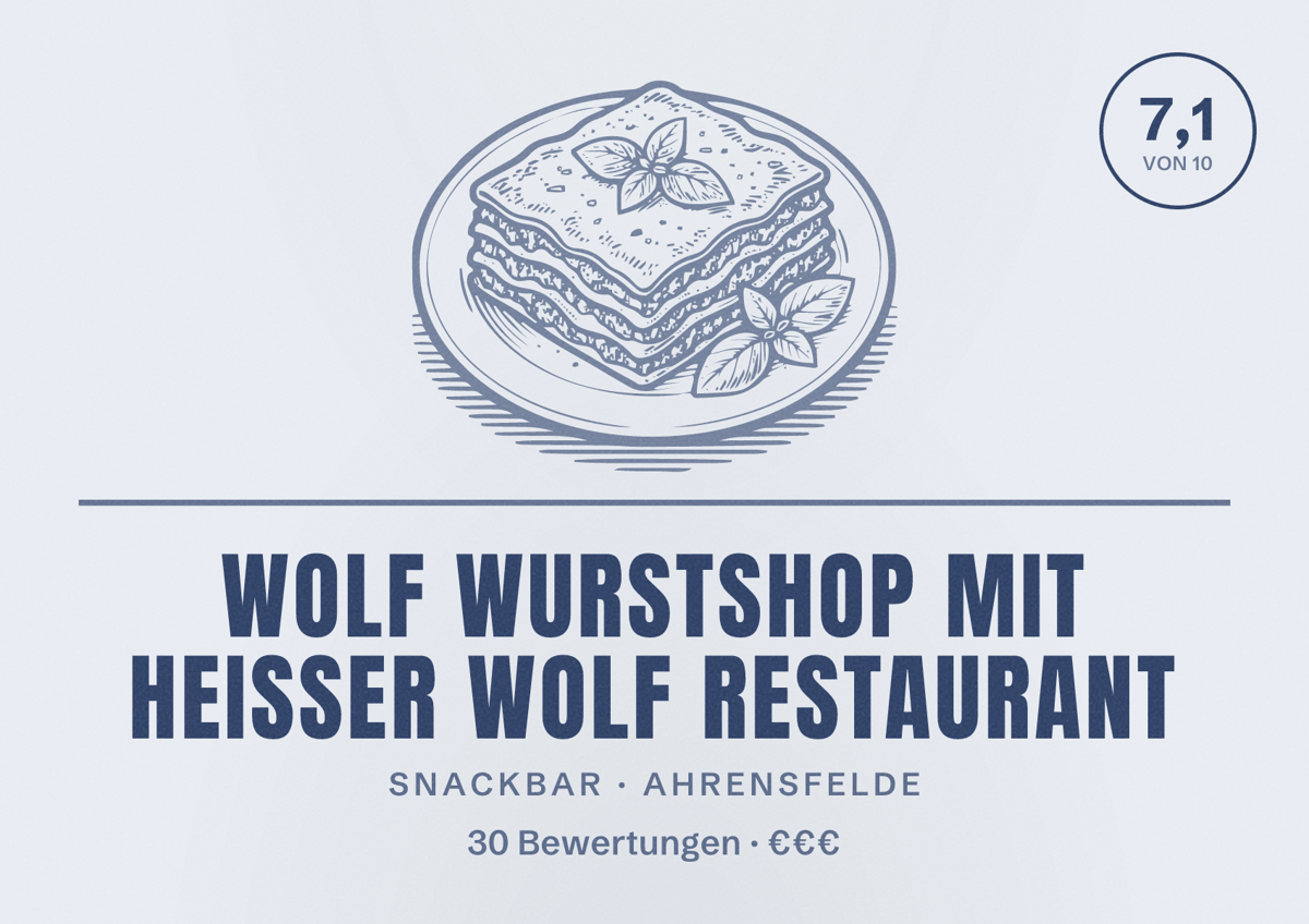 Illustriertes Poster von Wolf Wurstshop mit Heisser Wolf Restaurant, Snackbar in Ahrensfelde: Bewertung 7,1 von 10 aus 30 Bewertungen, Preisniveau €€€