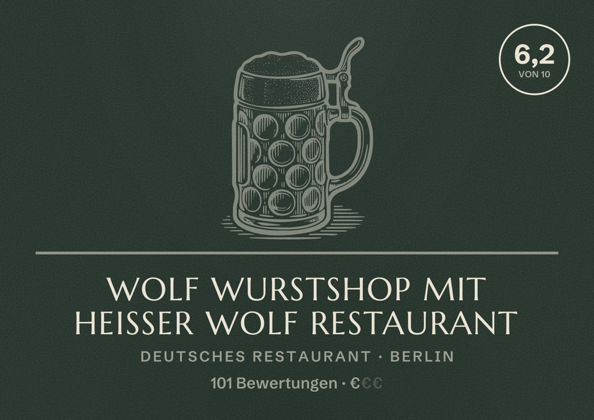 Illustriertes Poster von Wolf Wurstshop mit Heisser Wolf Restaurant, Deutsches Restaurant in Berlin: Bewertung 6,2 von 10 aus 101 Bewertungen, Preisniveau €