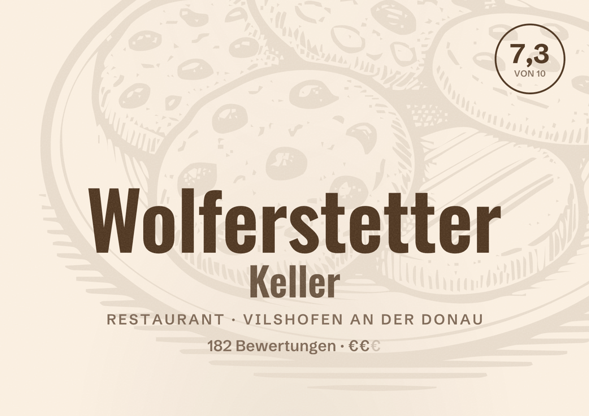 Illustriertes Poster von Wolferstetter Keller, Restaurant in Vilshofen an der Donau: Bewertung 7,3 von 10 aus 182 Bewertungen, Preisniveau €€
