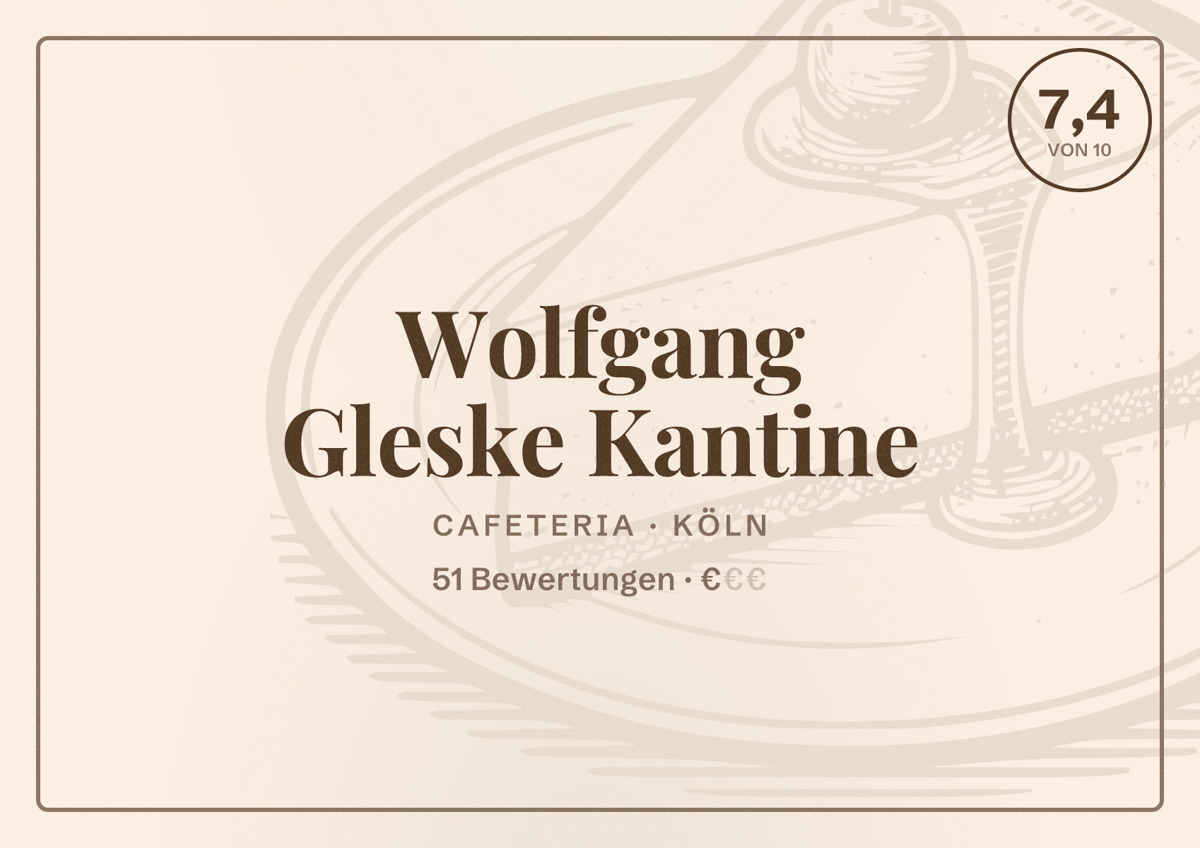 Illustriertes Poster von Wolfgang Gleske Kantine, Cafeteria in Köln: Bewertung 7,4 von 10 aus 51 Bewertungen, Preisniveau €