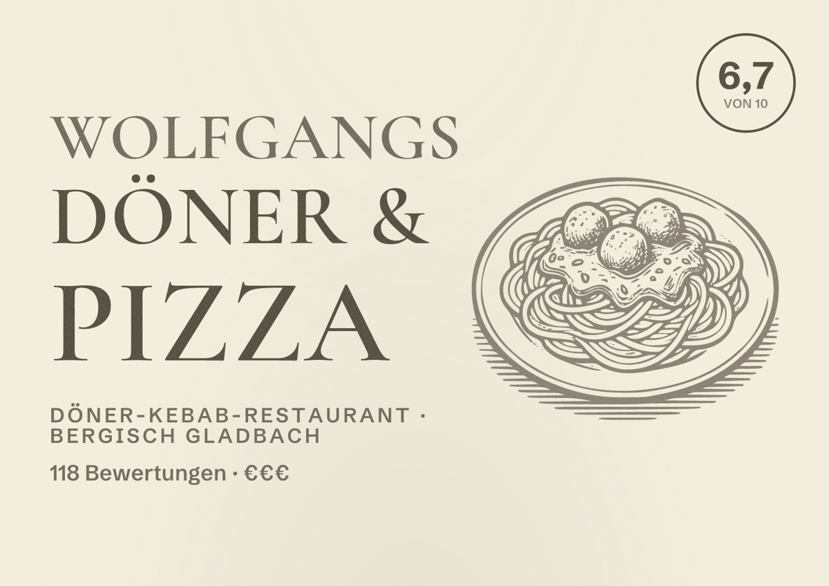 Illustriertes Poster von WOLFGANGS DÖNER & PIZZA, Döner-Kebab-Restaurant in Bergisch Gladbach: Bewertung 6,7 von 10 aus 118 Bewertungen, Preisniveau €€€