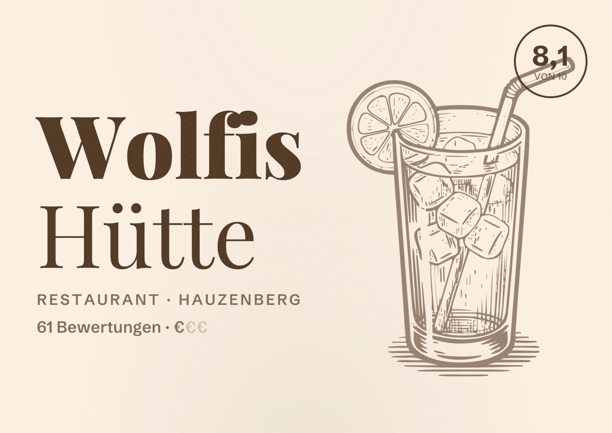 Illustriertes Poster von Wolfis Hütte, Restaurant in Hauzenberg: Bewertung 8,1 von 10 aus 61 Bewertungen, Preisniveau €