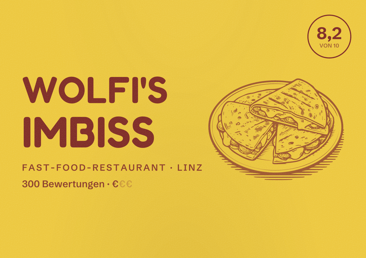 Illustriertes Poster von Wolfi's Imbiss, Fast-Food-Restaurant in Linz: Bewertung 8,2 von 10 aus 300 Bewertungen, Preisniveau €