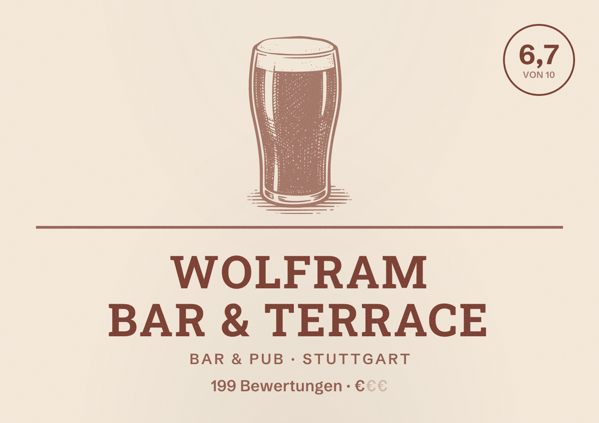 Illustriertes Poster von Wolfram Bar & Terrace, Bar & Pub in Stuttgart: Bewertung 6,7 von 10 aus 199 Bewertungen, Preisniveau €