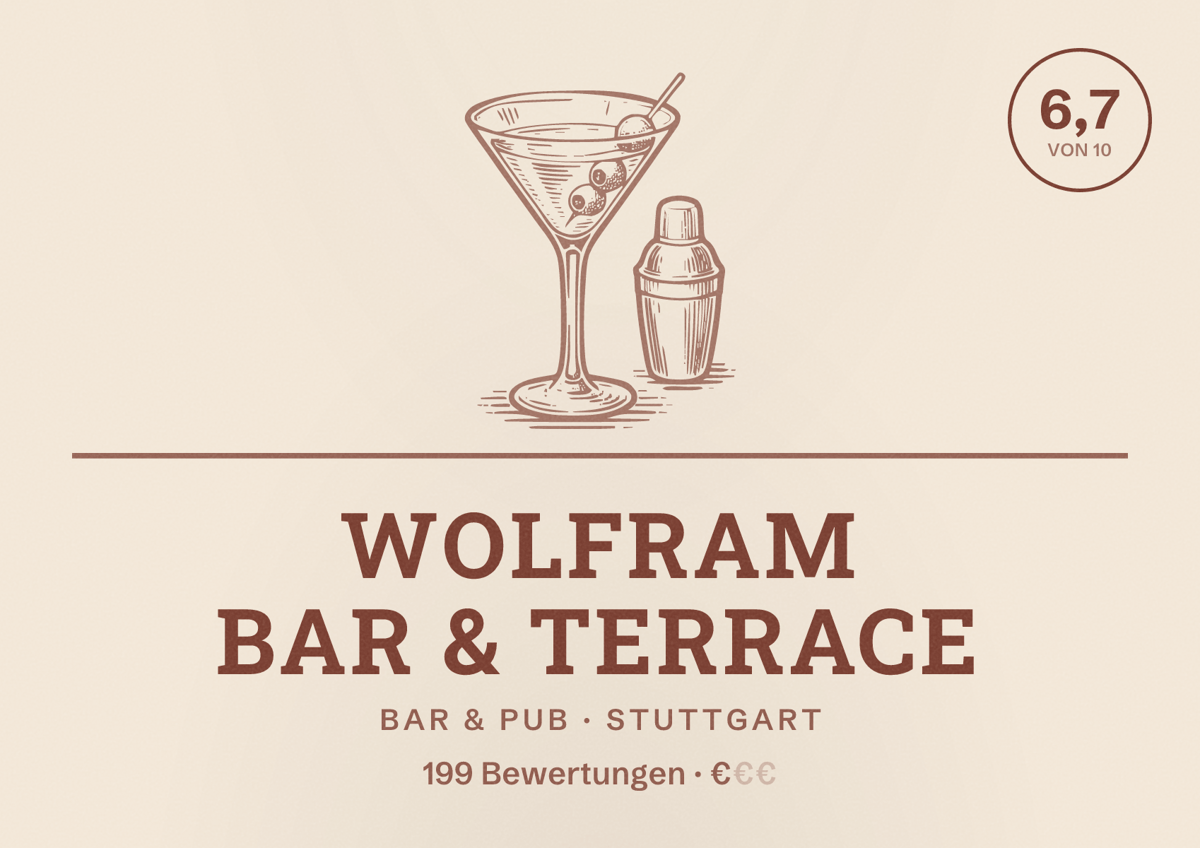 Illustriertes Poster von Wolfram Bar & Terrace, Bar & Pub in Stuttgart: Bewertung 6,7 von 10 aus 199 Bewertungen, Preisniveau €