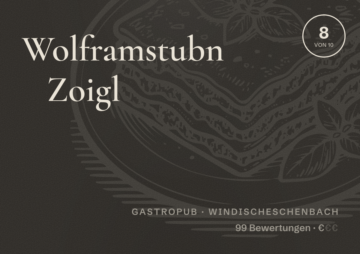 Illustriertes Poster von Wolframstubn Zoigl, Gastropub in Windischeschenbach: Bewertung 8 von 10 aus 99 Bewertungen, Preisniveau €