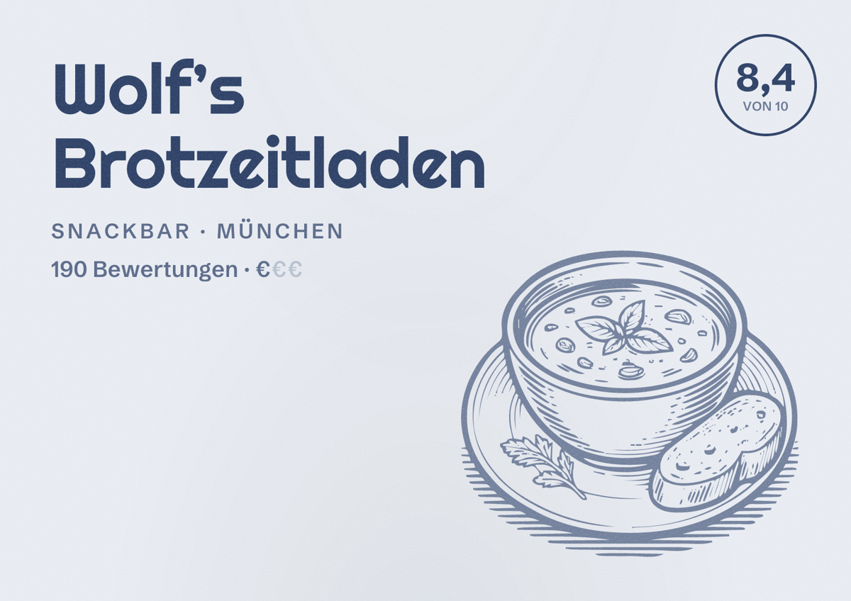 Illustriertes Poster von Wolf’s Brotzeitladen, Snackbar in München: Bewertung 8,4 von 10 aus 190 Bewertungen, Preisniveau €