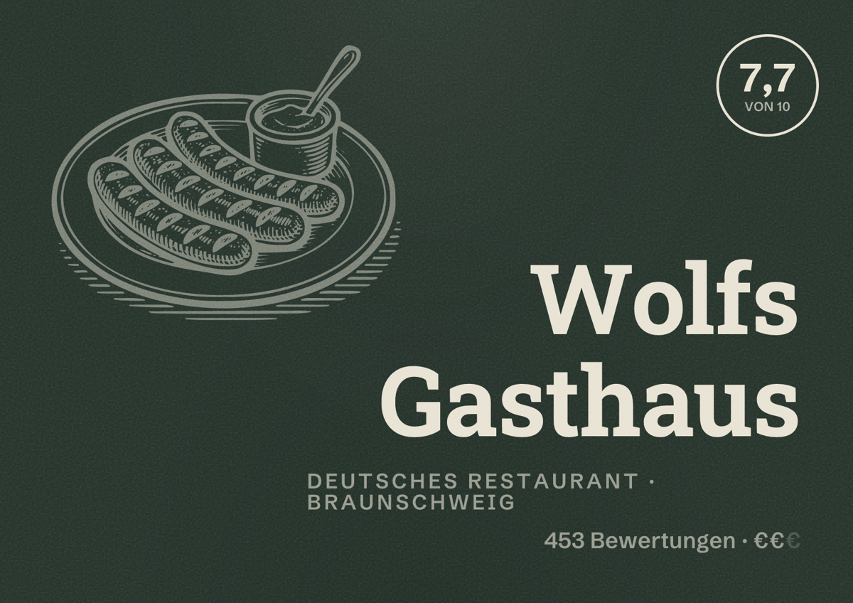 Illustriertes Poster von Wolfs Gasthaus, Deutsches Restaurant in Braunschweig: Bewertung 7,7 von 10 aus 453 Bewertungen, Preisniveau €€