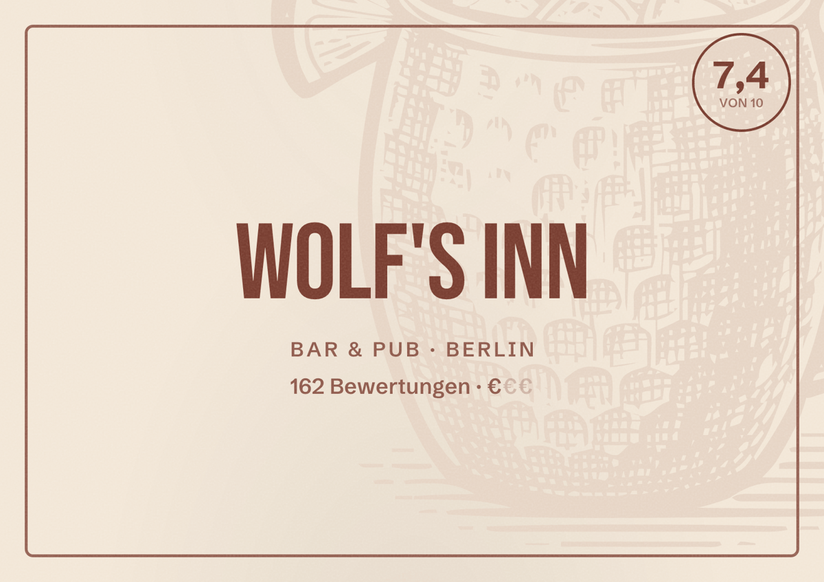 Illustriertes Poster von Wolf's Inn, Bar & Pub in Berlin: Bewertung 7,4 von 10 aus 162 Bewertungen, Preisniveau €