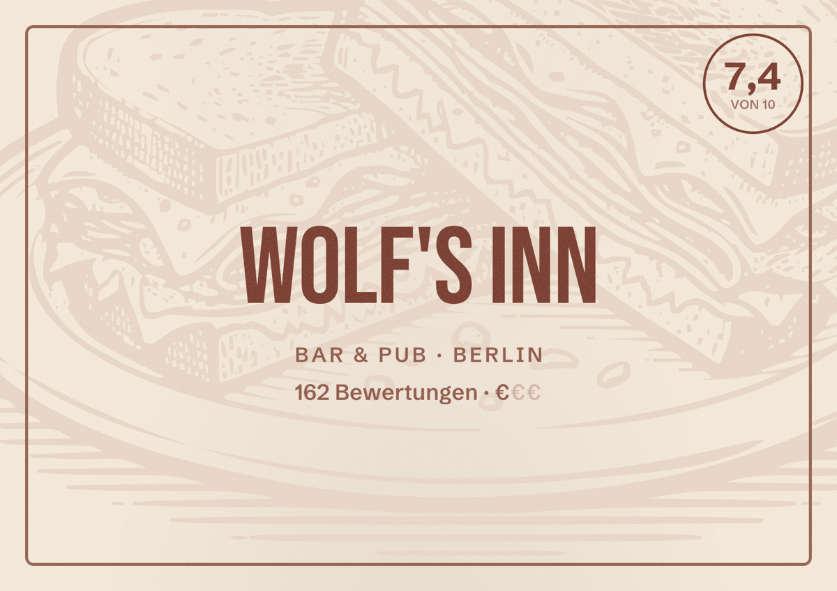 Illustriertes Poster von Wolf's Inn, Bar & Pub in Berlin: Bewertung 7,4 von 10 aus 162 Bewertungen, Preisniveau €