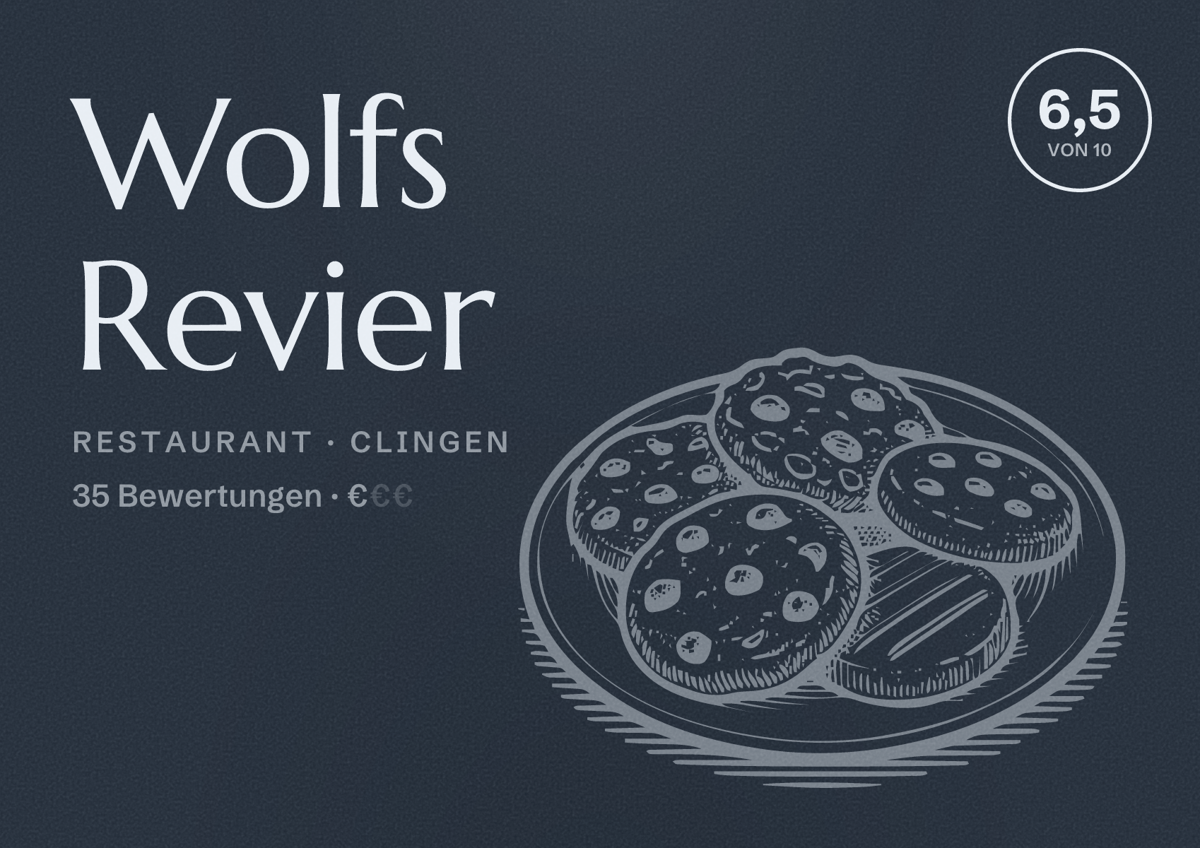 Illustriertes Poster von Wolfs Revier, Restaurant in Clingen: Bewertung 6,5 von 10 aus 35 Bewertungen, Preisniveau €