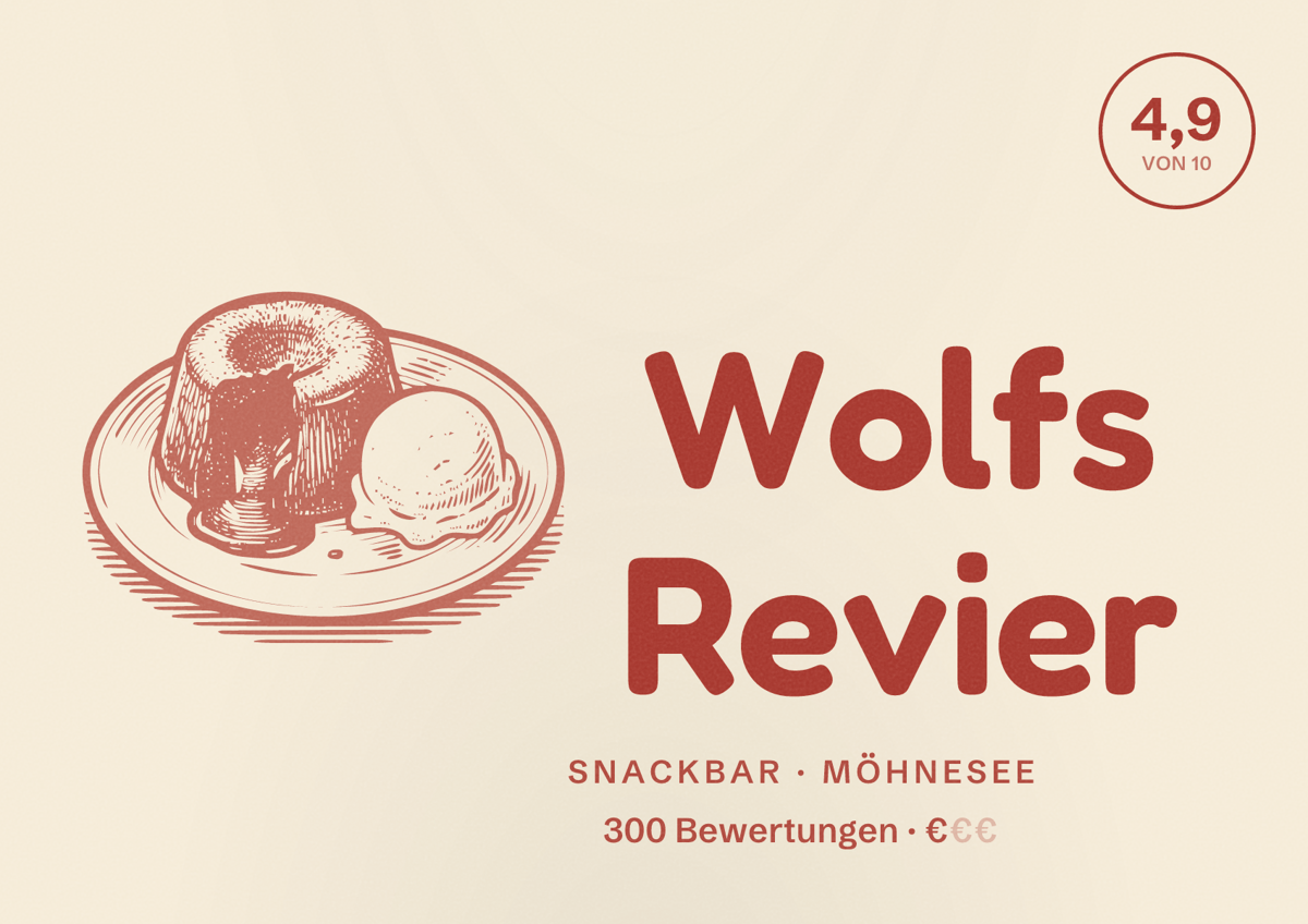 Illustriertes Poster von Wolfs Revier, Snackbar in Möhnesee: Bewertung 4,9 von 10 aus 300 Bewertungen, Preisniveau €