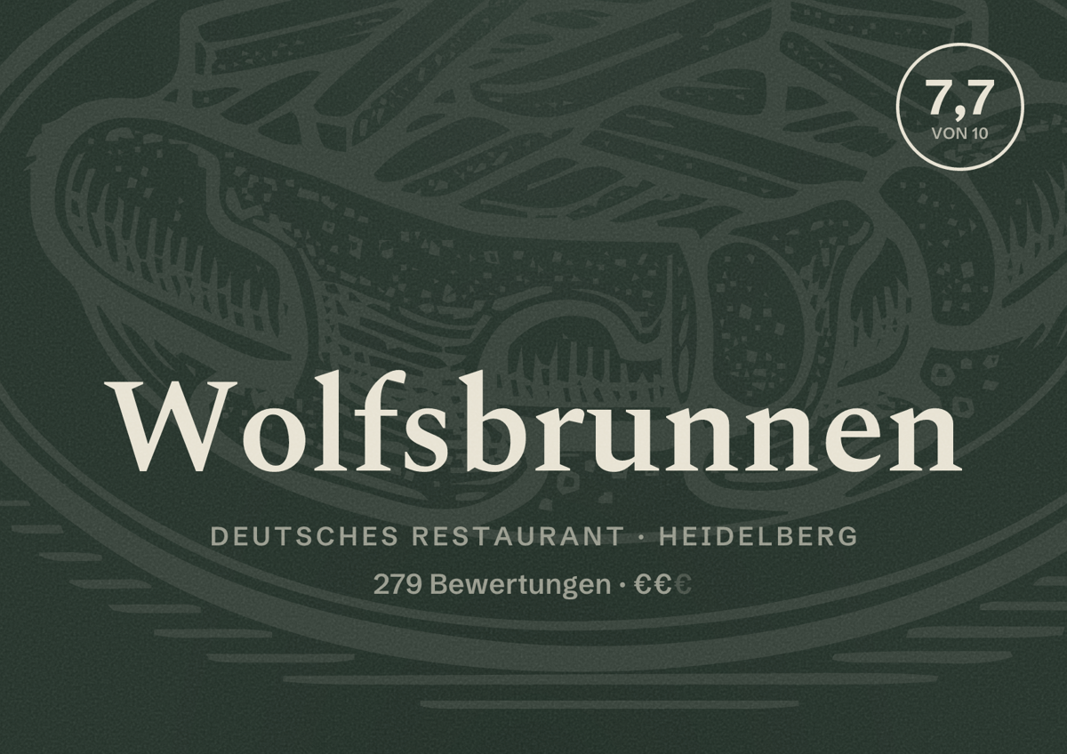 Illustriertes Poster von Wolfsbrunnen, Deutsches Restaurant in Heidelberg: Bewertung 7,7 von 10 aus 279 Bewertungen, Preisniveau €€