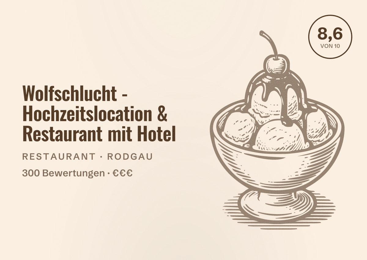 Illustriertes Poster von Wolfschlucht - Hochzeitslocation & Restaurant mit Hotel, Restaurant in Rodgau: Bewertung 8,6 von 10 aus 300 Bewertungen, Preisniveau €€€