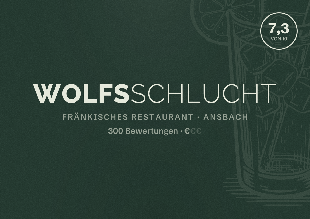 Illustriertes Poster von Wolfsschlucht, Fränkisches Restaurant in Ansbach: Bewertung 7,3 von 10 aus 300 Bewertungen, Preisniveau €