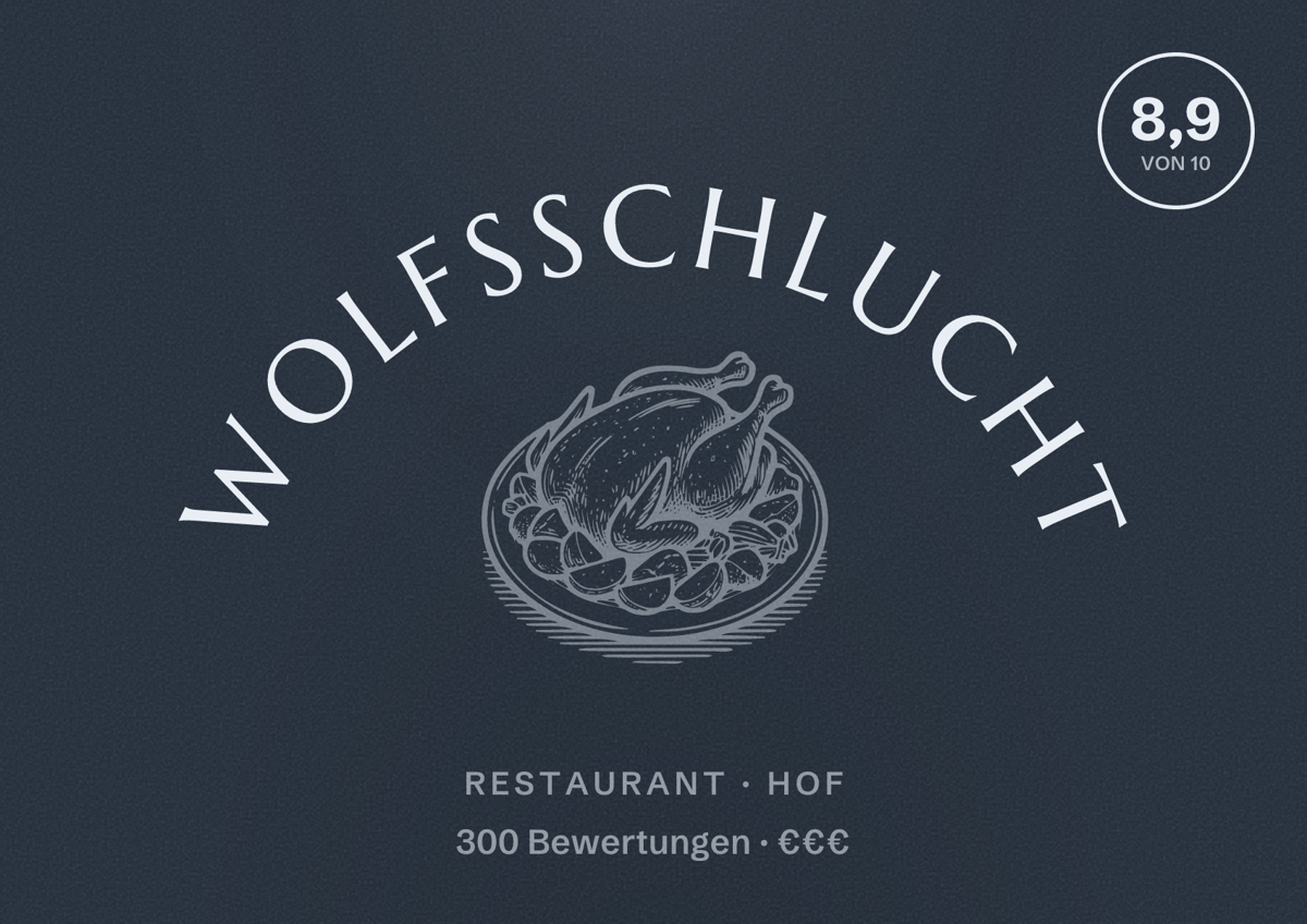Illustriertes Poster von WOLFSSCHLUCHT, Restaurant in Hof: Bewertung 8,9 von 10 aus 300 Bewertungen, Preisniveau €€€