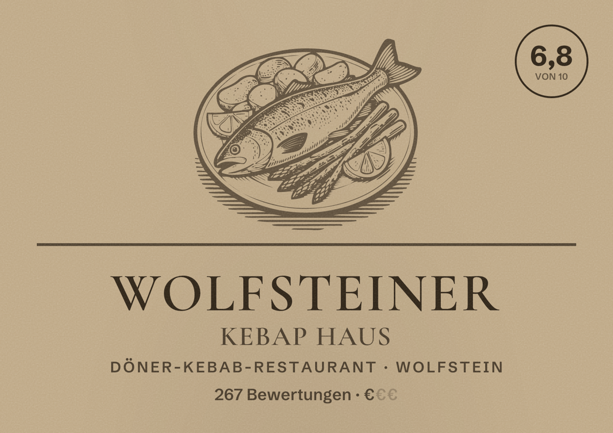 Illustriertes Poster von Wolfsteiner Kebap Haus, Döner-Kebab-Restaurant in Wolfstein: Bewertung 6,8 von 10 aus 267 Bewertungen, Preisniveau €
