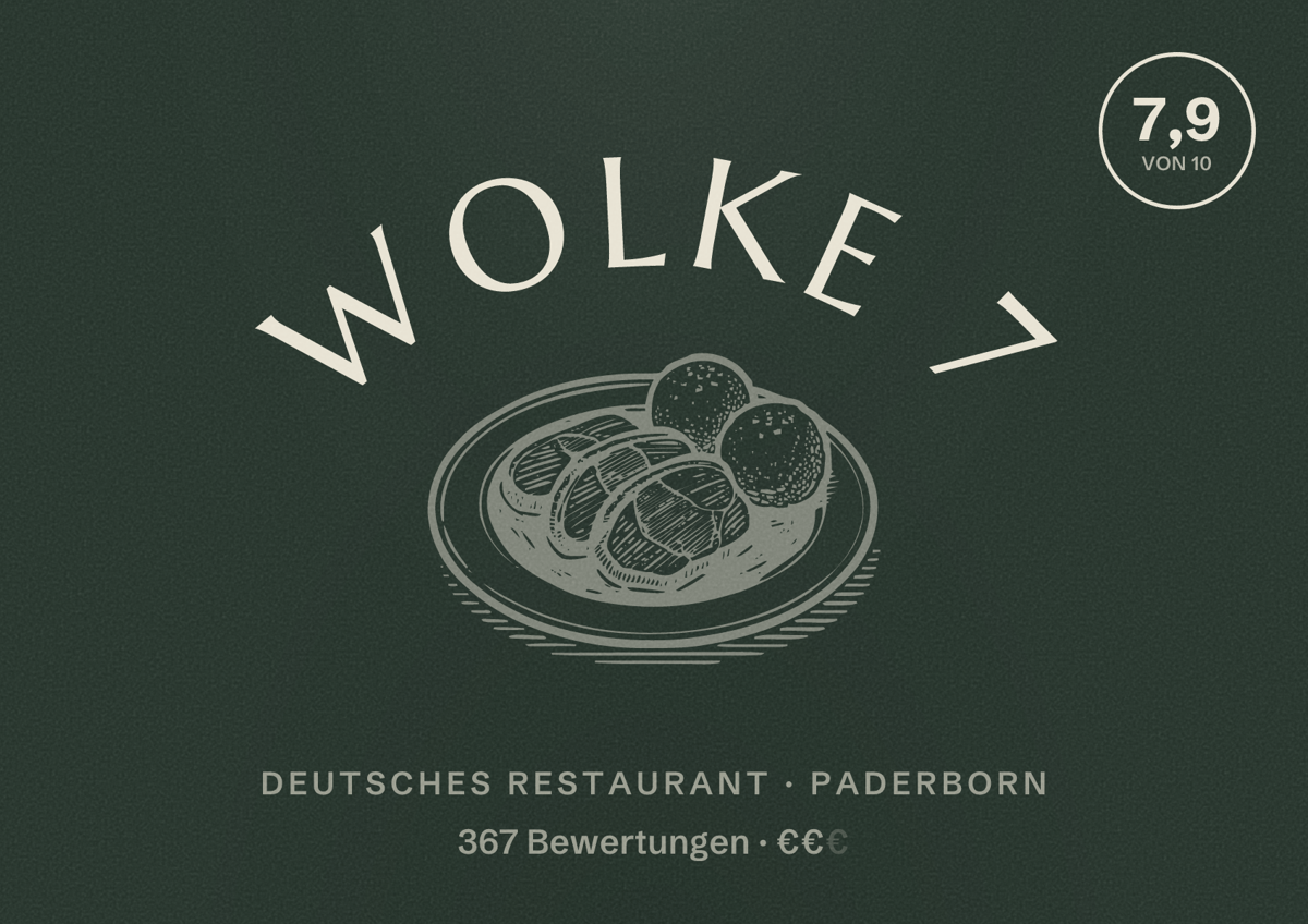 Illustriertes Poster von Wolke 7, Deutsches Restaurant in Paderborn: Bewertung 7,9 von 10 aus 367 Bewertungen, Preisniveau €€