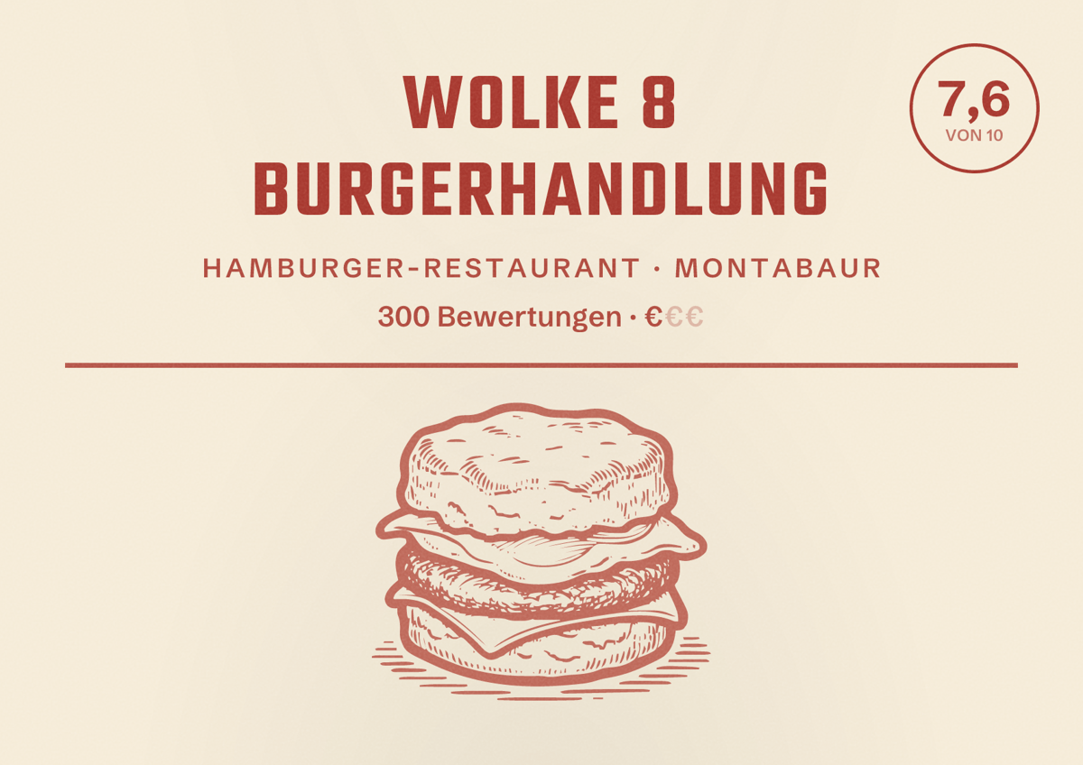 Illustriertes Poster von WOLKE 8 Burgerhandlung, Hamburger-Restaurant in Montabaur: Bewertung 7,6 von 10 aus 300 Bewertungen, Preisniveau €