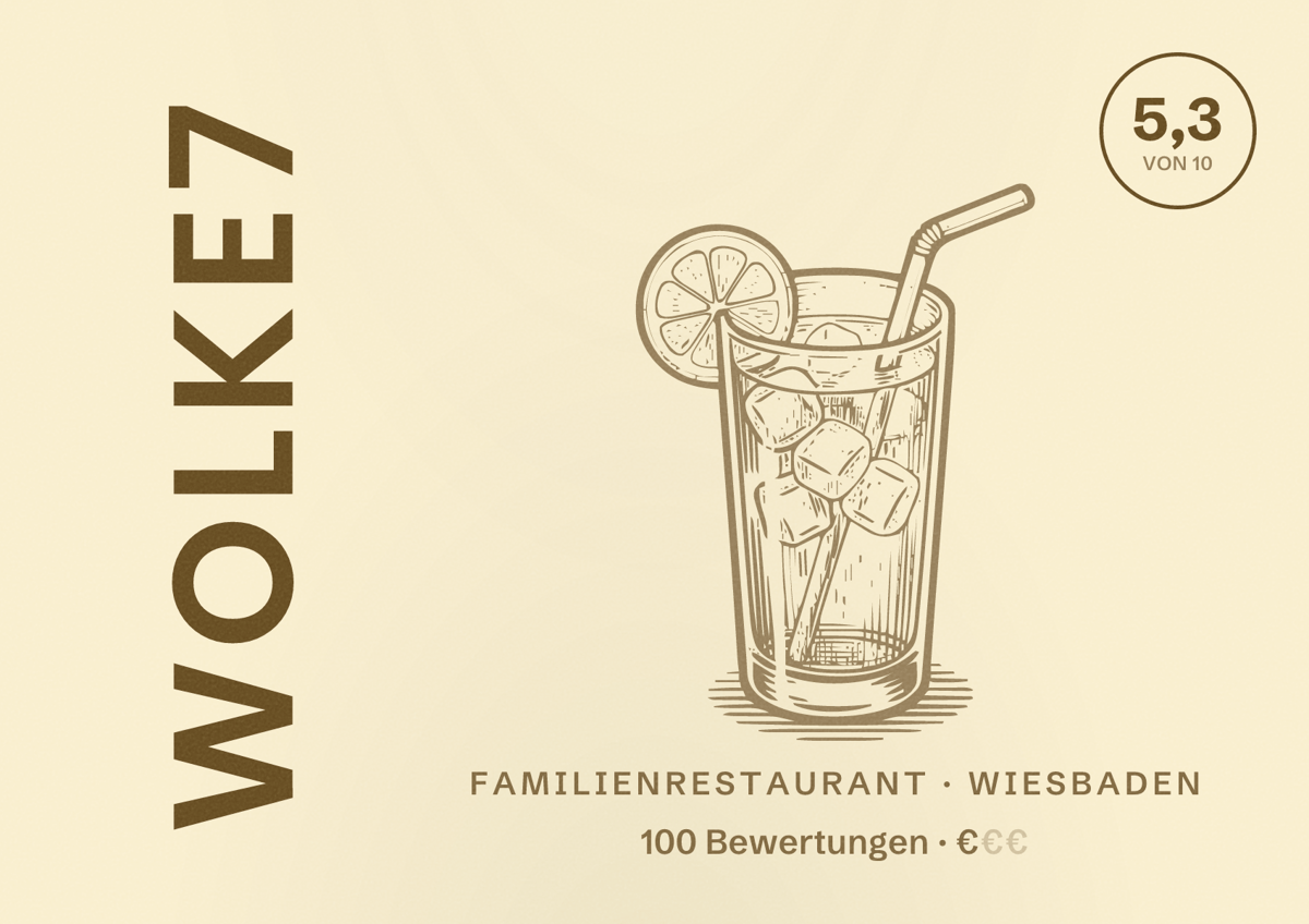Illustriertes Poster von Wolke7, Familienrestaurant in Wiesbaden: Bewertung 5,3 von 10 aus 100 Bewertungen, Preisniveau €