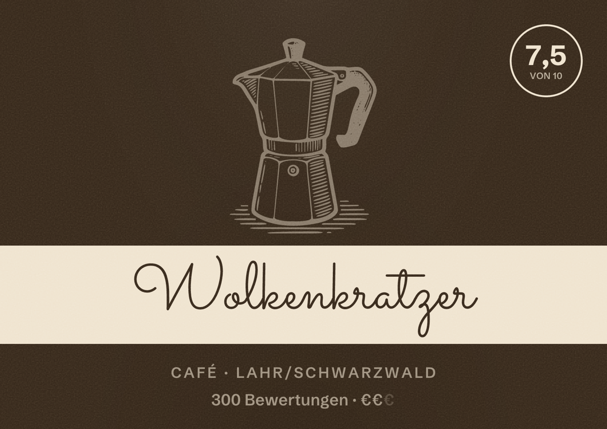 Illustriertes Poster von Wolkenkratzer, Café in Lahr/Schwarzwald: Bewertung 7,5 von 10 aus 300 Bewertungen, Preisniveau €€