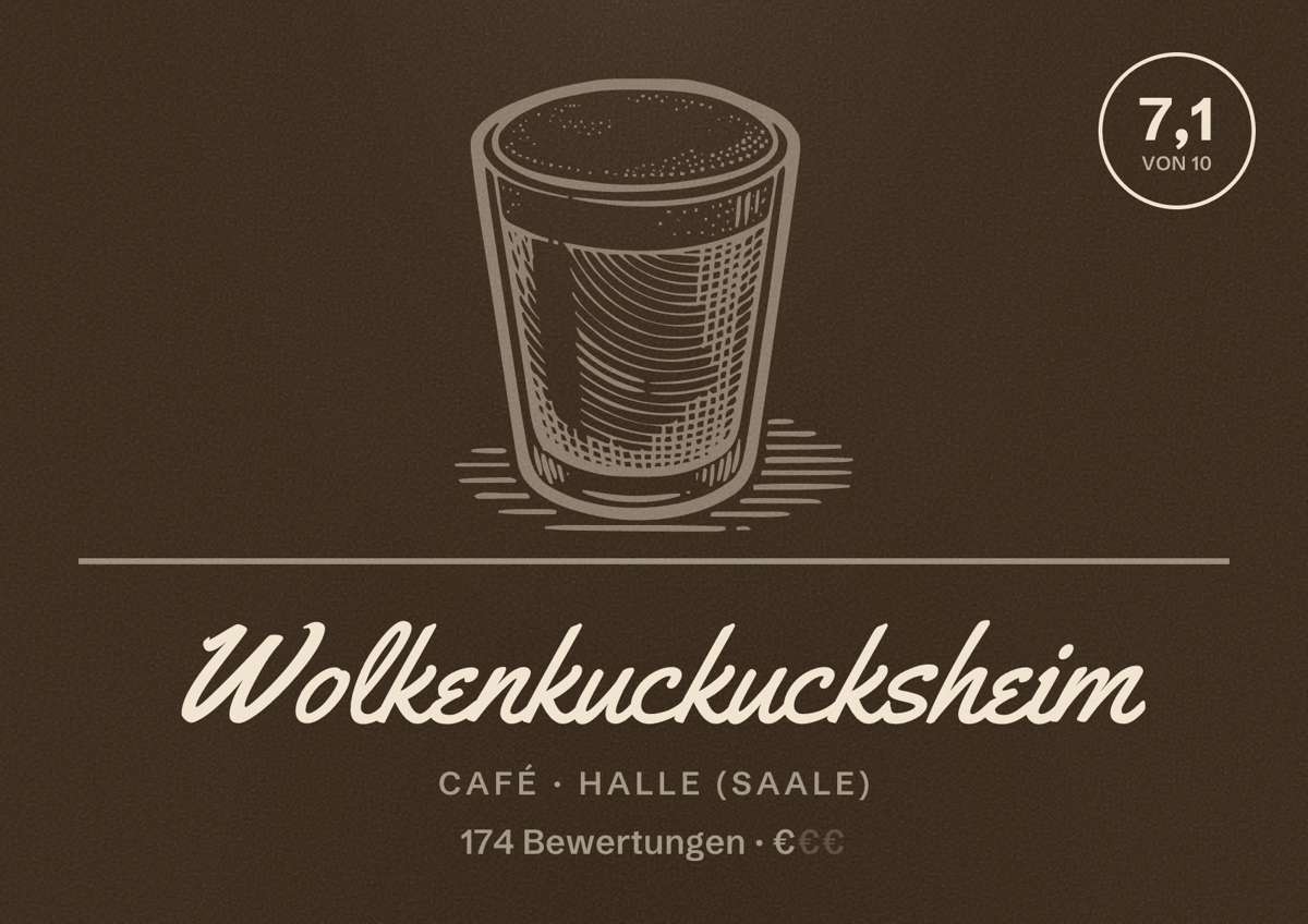 Illustriertes Poster von Wolkenkuckucksheim, Café in Halle (Saale): Bewertung 7,1 von 10 aus 174 Bewertungen, Preisniveau €