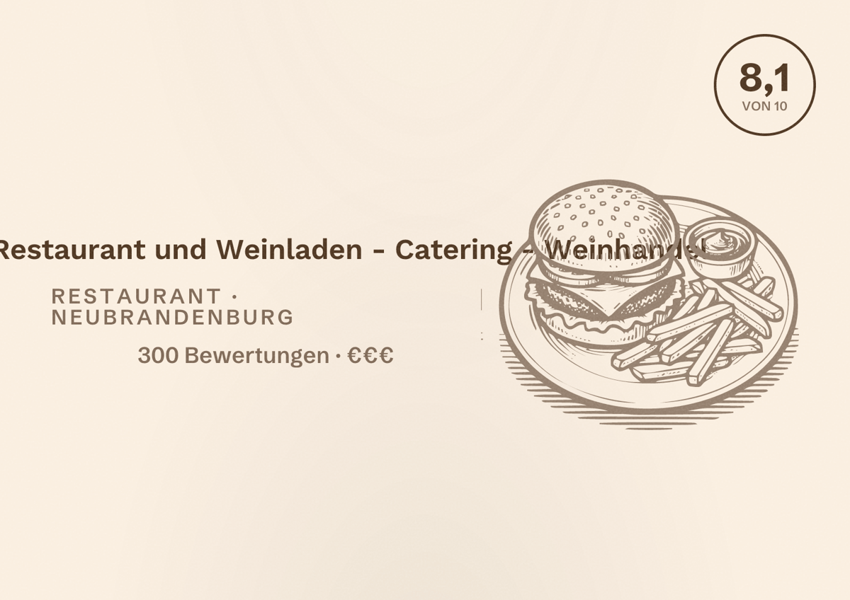 Illustriertes Poster von Wollenberg Restaurant und Weinladen - Catering - Weinhandel, Restaurant in Neubrandenburg: Bewertung 8,1 von 10 aus 300 Bewertungen, Preisniveau €€€