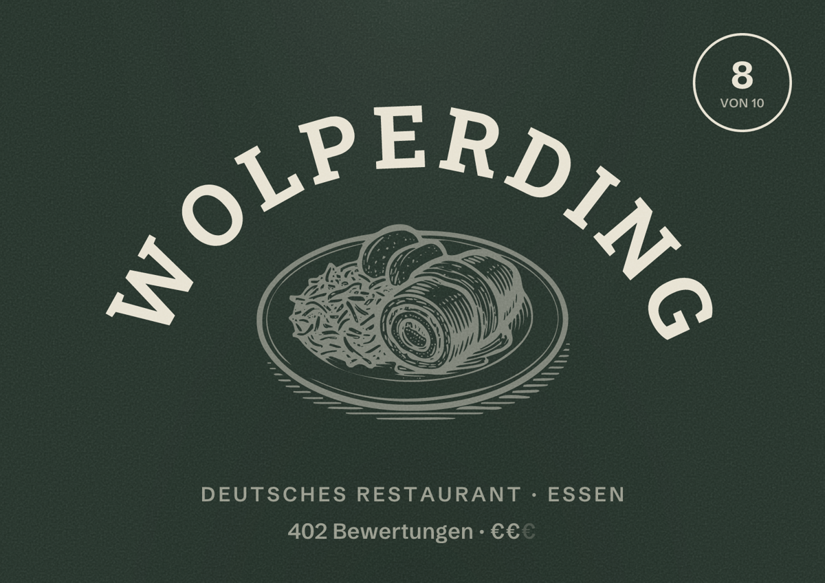 Illustriertes Poster von Wolperding, Deutsches Restaurant in Essen: Bewertung 8 von 10 aus 402 Bewertungen, Preisniveau €€