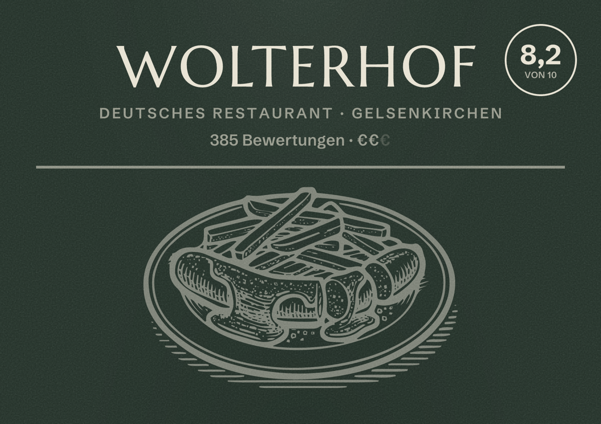 Illustriertes Poster von Wolterhof, Deutsches Restaurant in Gelsenkirchen: Bewertung 8,2 von 10 aus 385 Bewertungen, Preisniveau €€