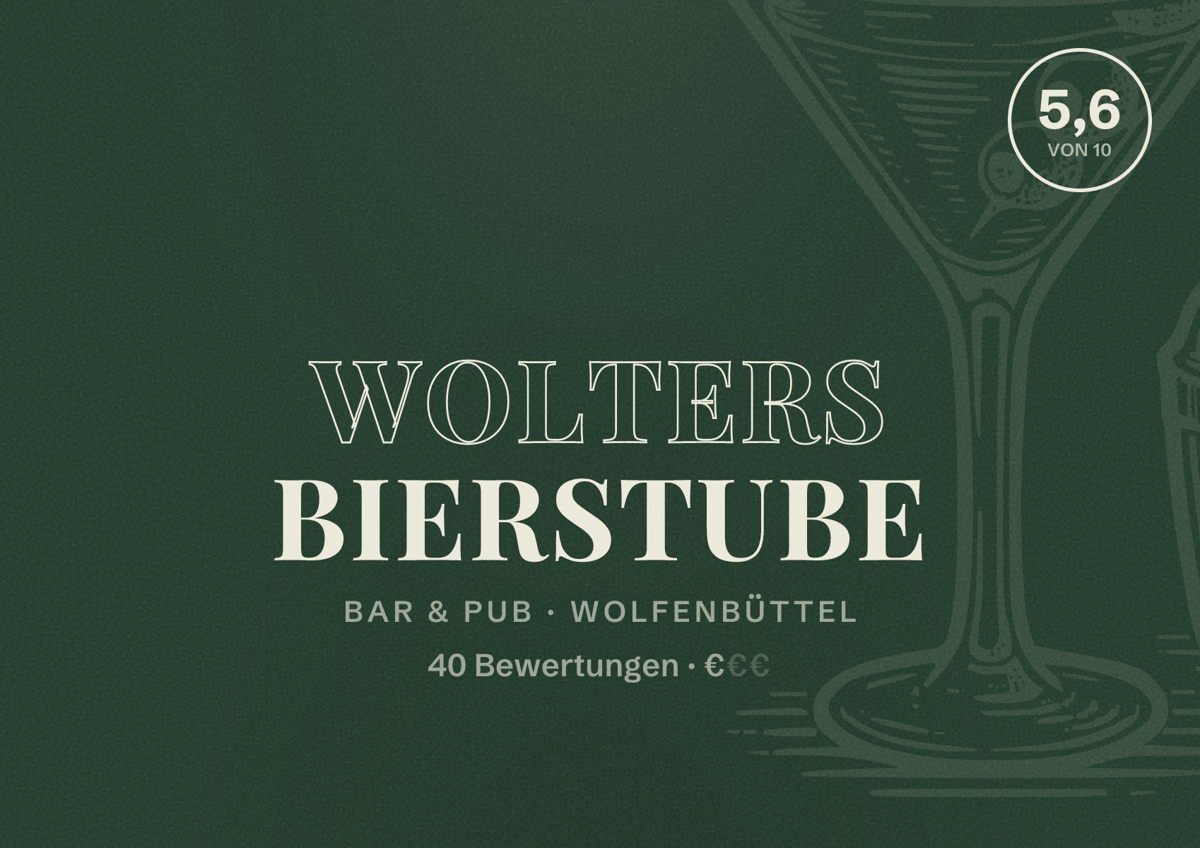 Illustriertes Poster von Wolters Bierstube, Bar & Pub in Wolfenbüttel: Bewertung 5,6 von 10 aus 40 Bewertungen, Preisniveau €