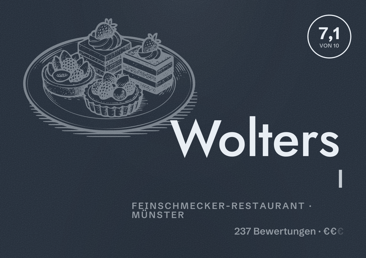 Illustriertes Poster von Wolters I, Feinschmecker-Restaurant in Münster: Bewertung 7,1 von 10 aus 237 Bewertungen, Preisniveau €€