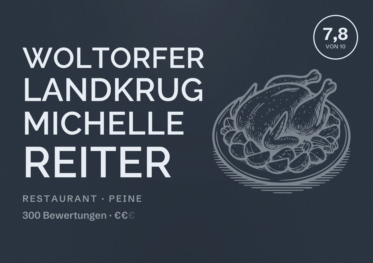 Illustriertes Poster von Woltorfer Landkrug Michelle Reiter, Restaurant in Peine: Bewertung 7,8 von 10 aus 300 Bewertungen, Preisniveau €€