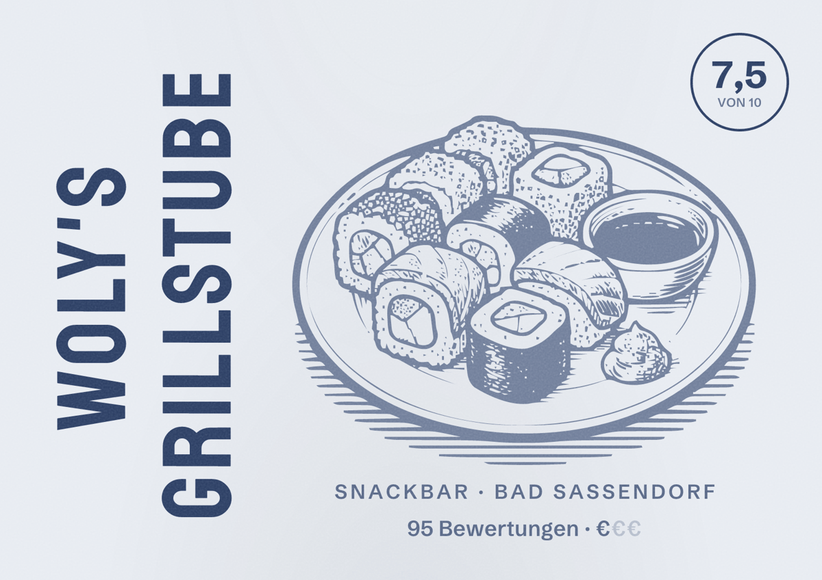 Illustriertes Poster von WoLy's Grillstube, Snackbar in Bad Sassendorf: Bewertung 7,5 von 10 aus 95 Bewertungen, Preisniveau €