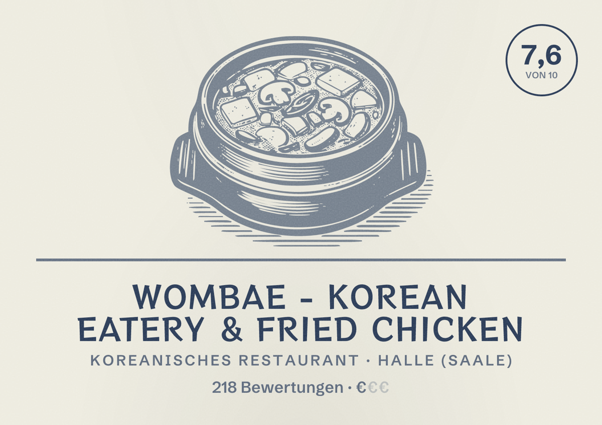 Illustriertes Poster von Wombae - korean eatery & fried chicken, Koreanisches Restaurant in Halle (Saale): Bewertung 7,6 von 10 aus 218 Bewertungen, Preisniveau €