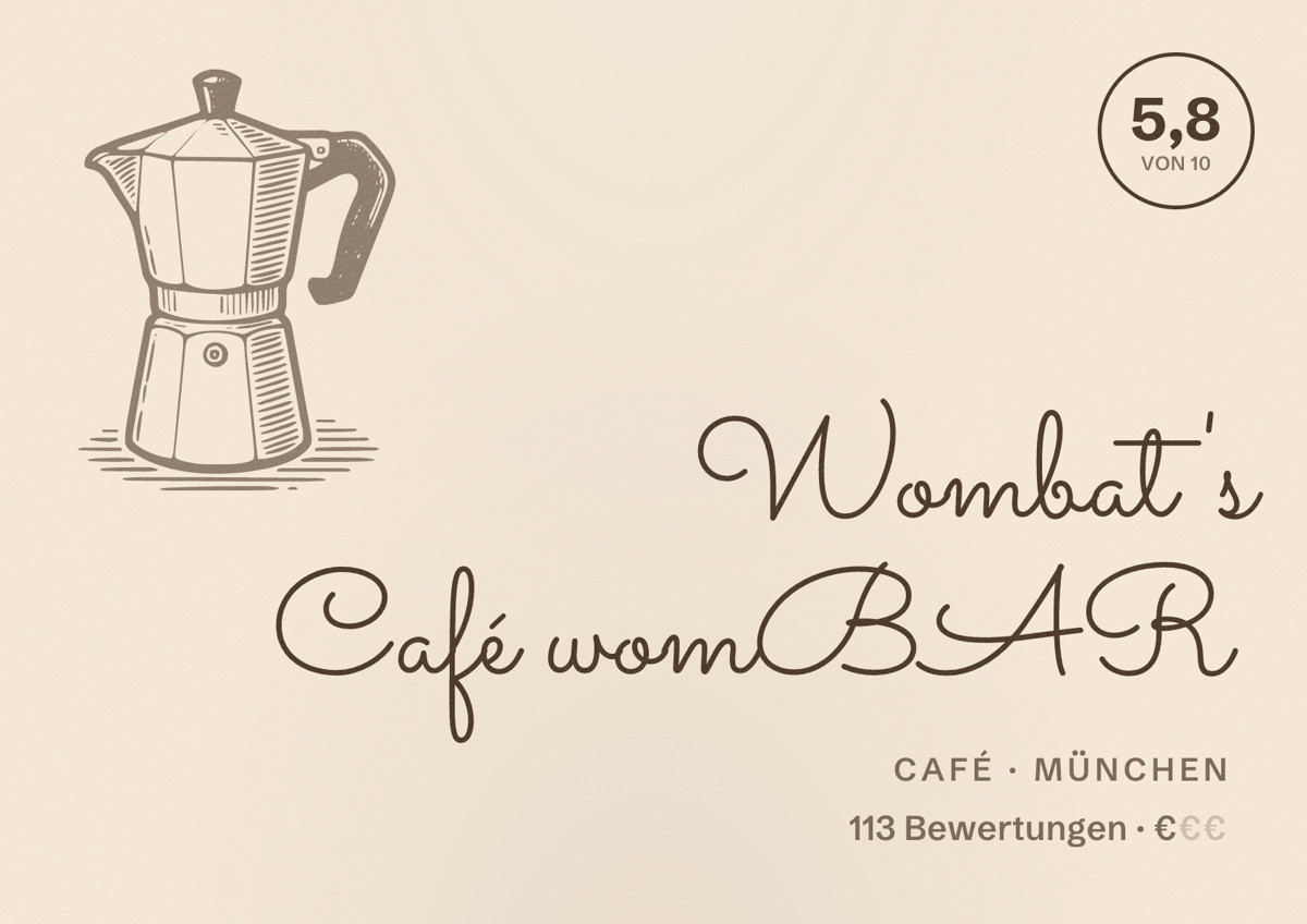 Illustriertes Poster von Wombat's Café womBAR, Café in München: Bewertung 5,8 von 10 aus 113 Bewertungen, Preisniveau €