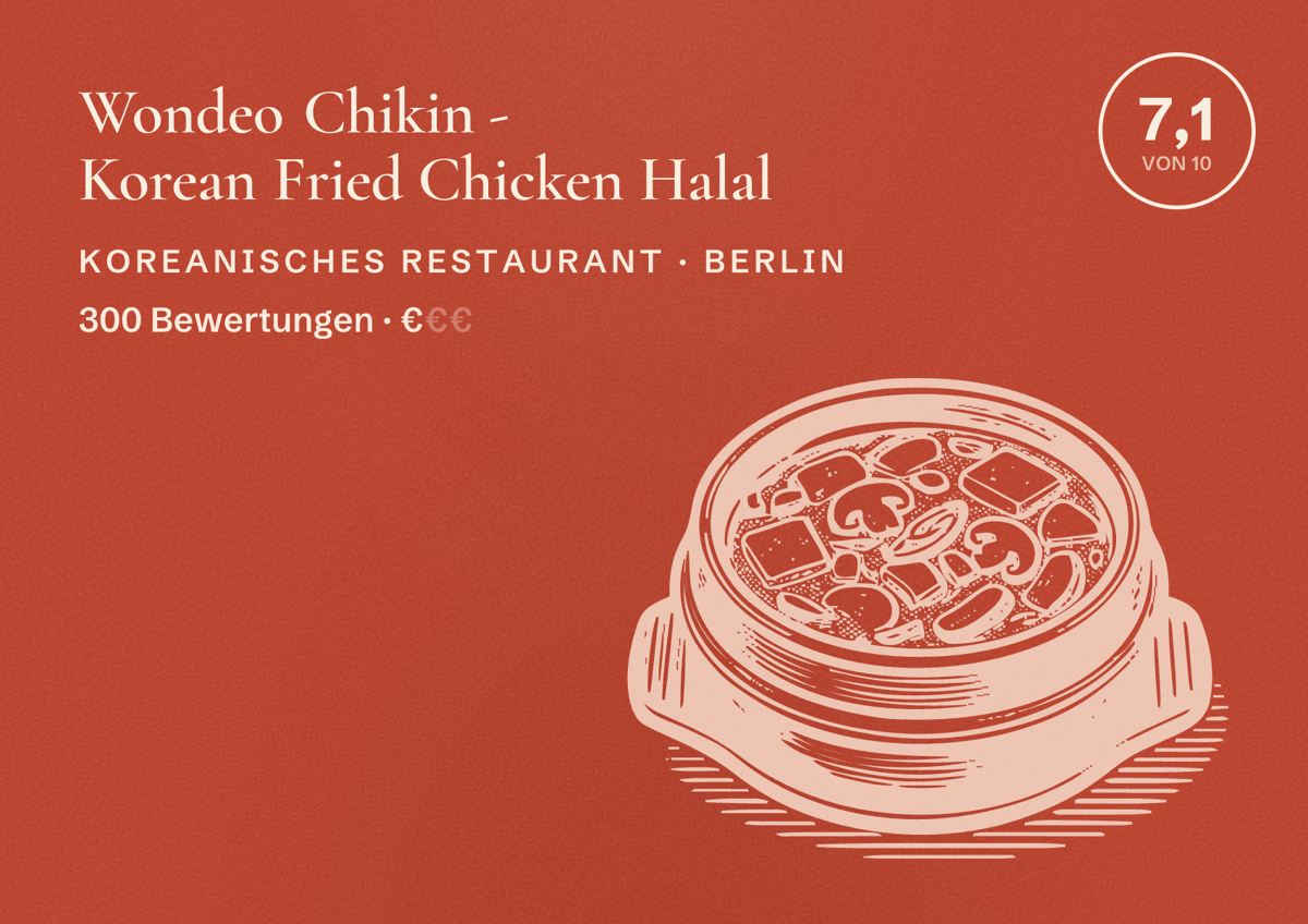 Illustriertes Poster von Wondeo Chikin - Korean Fried Chicken Halal, Koreanisches Restaurant in Berlin: Bewertung 7,1 von 10 aus 300 Bewertungen, Preisniveau €