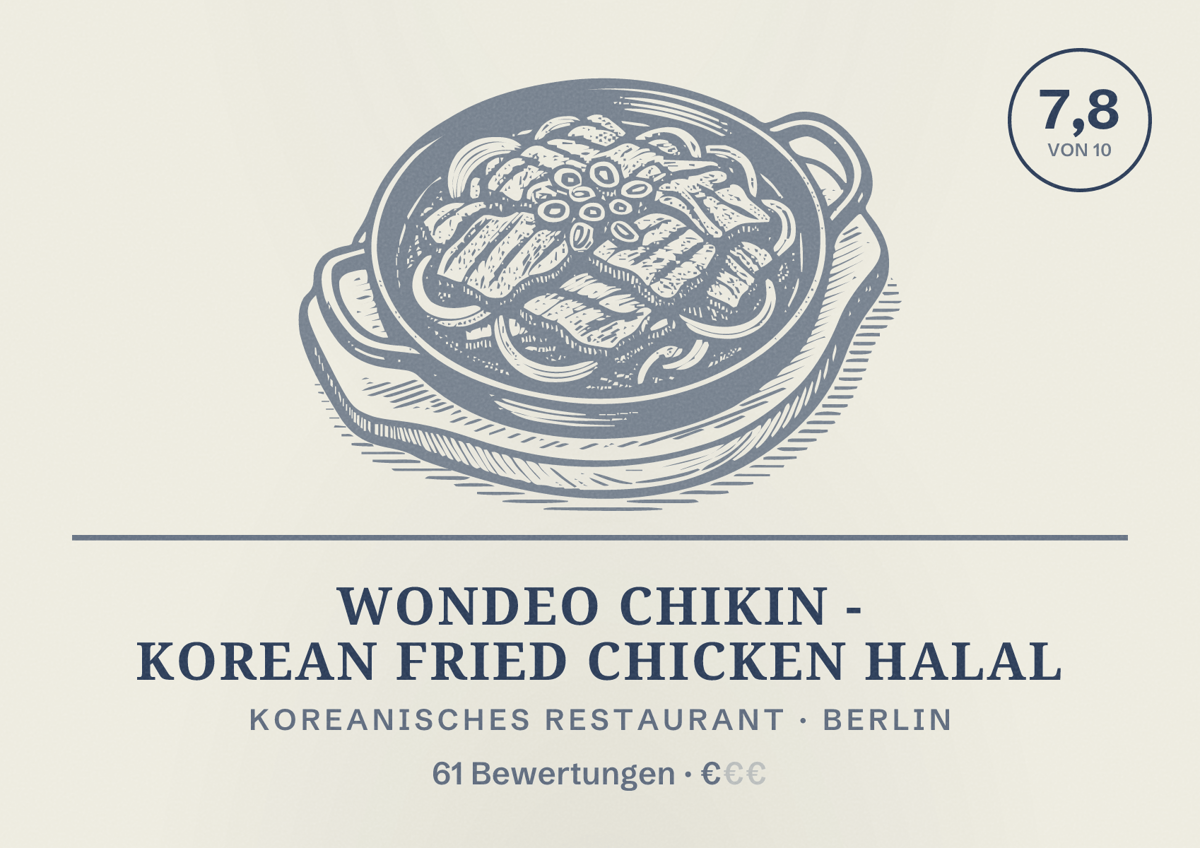 Illustriertes Poster von Wondeo Chikin - Korean Fried Chicken Halal, Koreanisches Restaurant in Berlin: Bewertung 7,8 von 10 aus 61 Bewertungen, Preisniveau €
