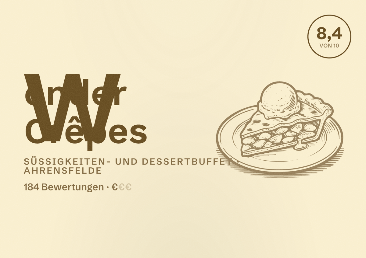 Illustriertes Poster von Wonder Crêpes, Süßigkeiten- und Dessertbuffet in Ahrensfelde: Bewertung 8,4 von 10 aus 184 Bewertungen, Preisniveau €