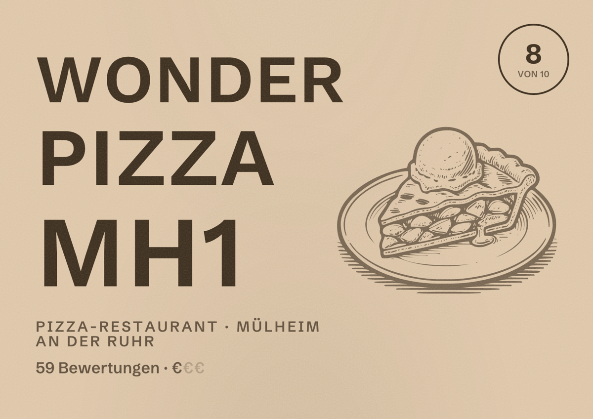 Illustriertes Poster von Wonder Pizza Mh1, Pizza-Restaurant in Mülheim an der Ruhr: Bewertung 8 von 10 aus 59 Bewertungen, Preisniveau €