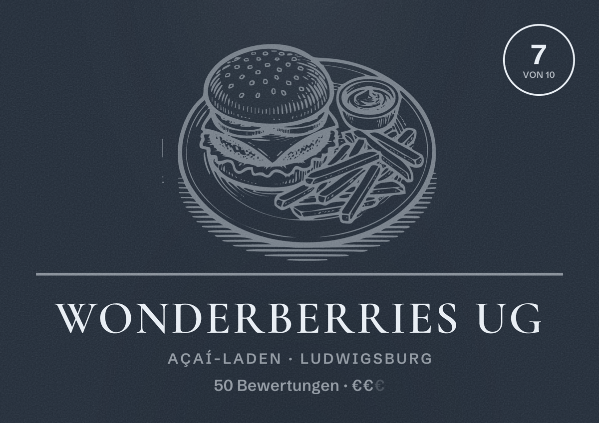 Illustriertes Poster von Wonderberries UG, Açaí-Laden in Ludwigsburg: Bewertung 7 von 10 aus 50 Bewertungen, Preisniveau €€