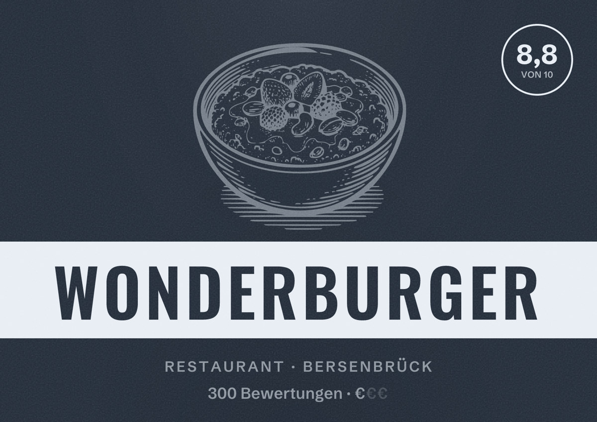 Illustriertes Poster von Wonderburger, Restaurant in Bersenbrück: Bewertung 8,8 von 10 aus 300 Bewertungen, Preisniveau €