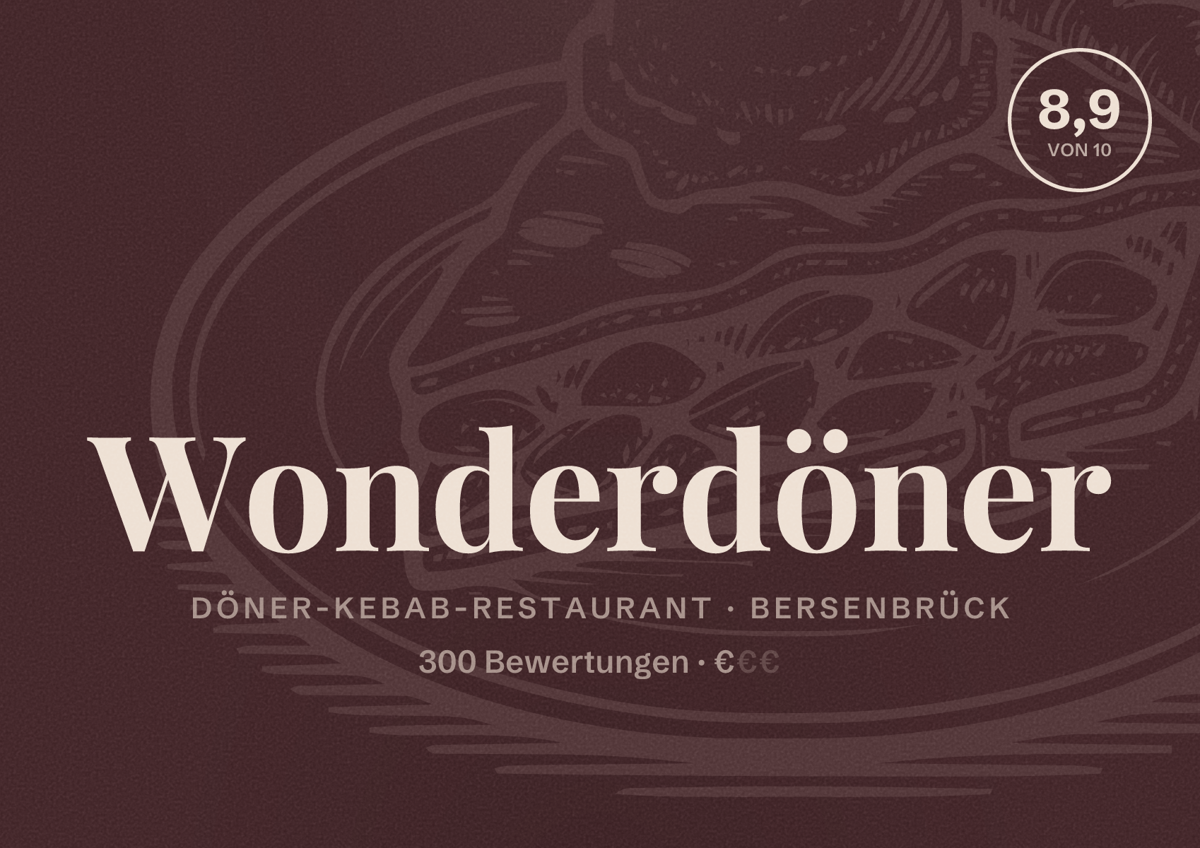 Illustriertes Poster von Wonderdöner, Döner-Kebab-Restaurant in Bersenbrück: Bewertung 8,9 von 10 aus 300 Bewertungen, Preisniveau €