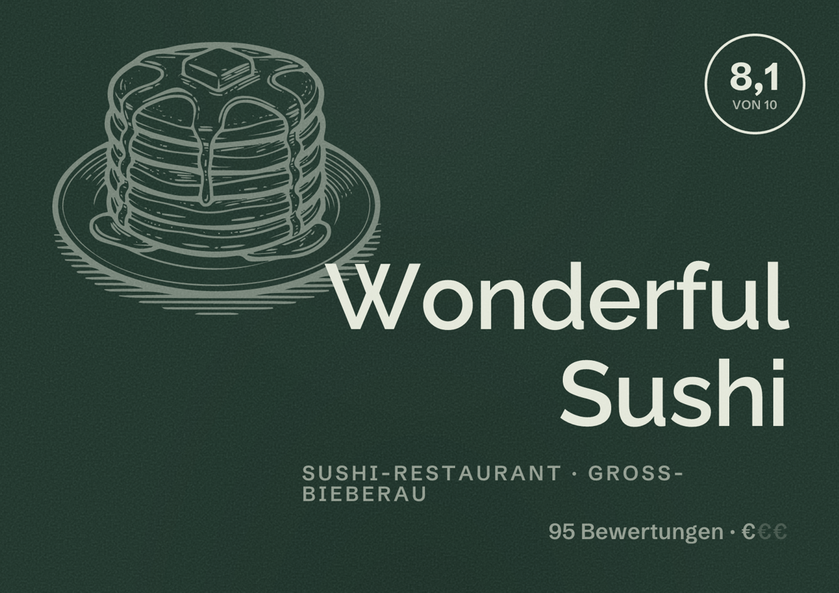 Illustriertes Poster von Wonderful Sushi, Sushi-Restaurant in Groß-Bieberau: Bewertung 8,1 von 10 aus 95 Bewertungen, Preisniveau €