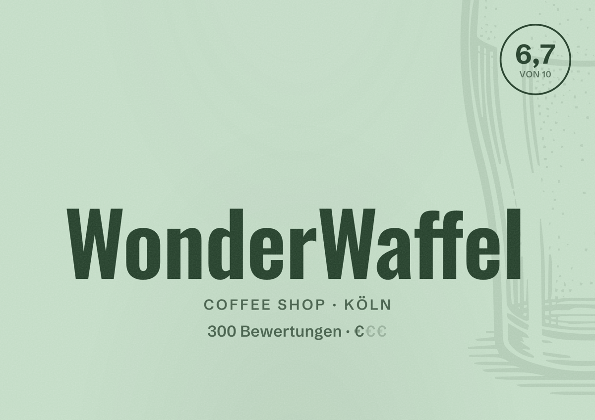 Illustriertes Poster von WonderWaffel, Coffee Shop in Köln: Bewertung 6,7 von 10 aus 300 Bewertungen, Preisniveau €