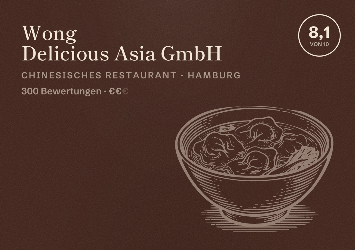 Illustriertes Poster von Wong Delicious Asia GmbH, Chinesisches Restaurant in Hamburg: Bewertung 8,1 von 10 aus 300 Bewertungen, Preisniveau €€