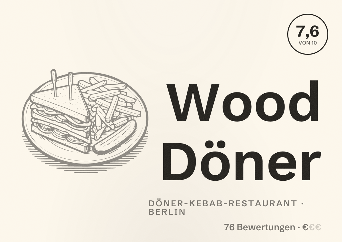 Illustriertes Poster von Wood Döner, Döner-Kebab-Restaurant in Berlin: Bewertung 7,6 von 10 aus 76 Bewertungen, Preisniveau €
