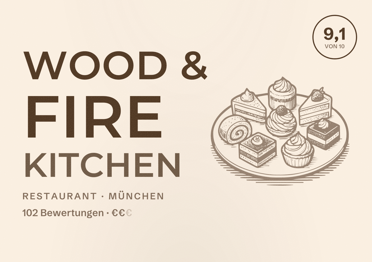 Illustriertes Poster von Wood & Fire Kitchen, Restaurant in München: Bewertung 9,1 von 10 aus 102 Bewertungen, Preisniveau €€